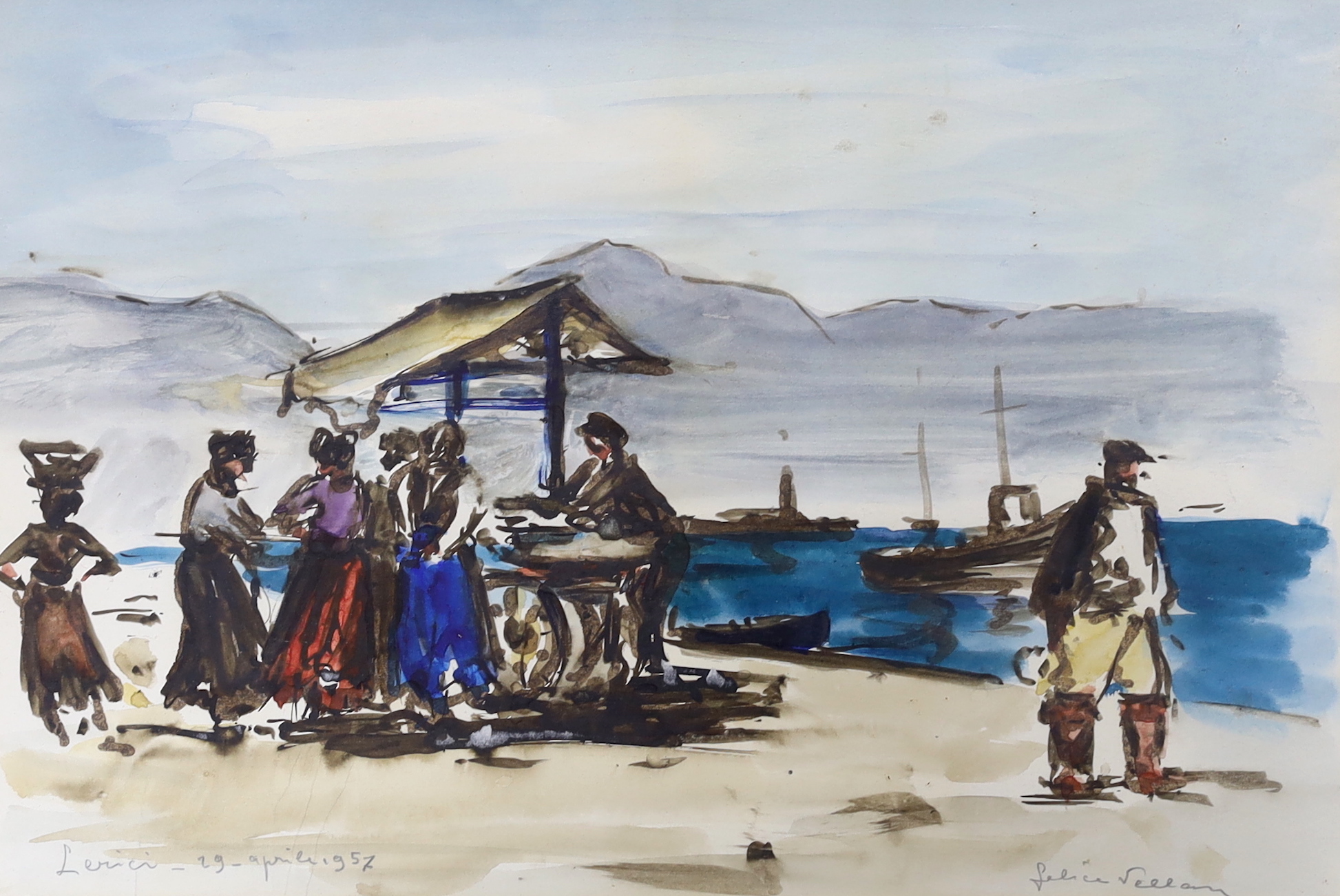 Felice Vellan (Italian 1889-1976), watercolour, Figures before boats and water, signed, inscribed and dated 1957, 39 x 26cm